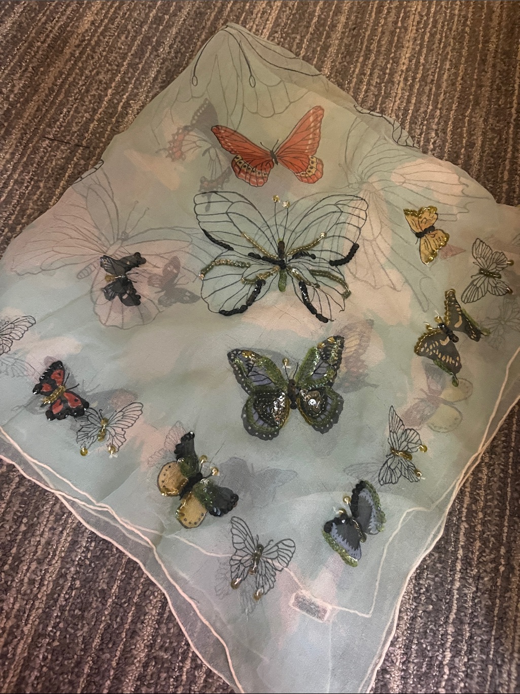 Vintage Baar And Beard Pure Silk Pale Blue Sheer Butterfly Appliqu Scarf